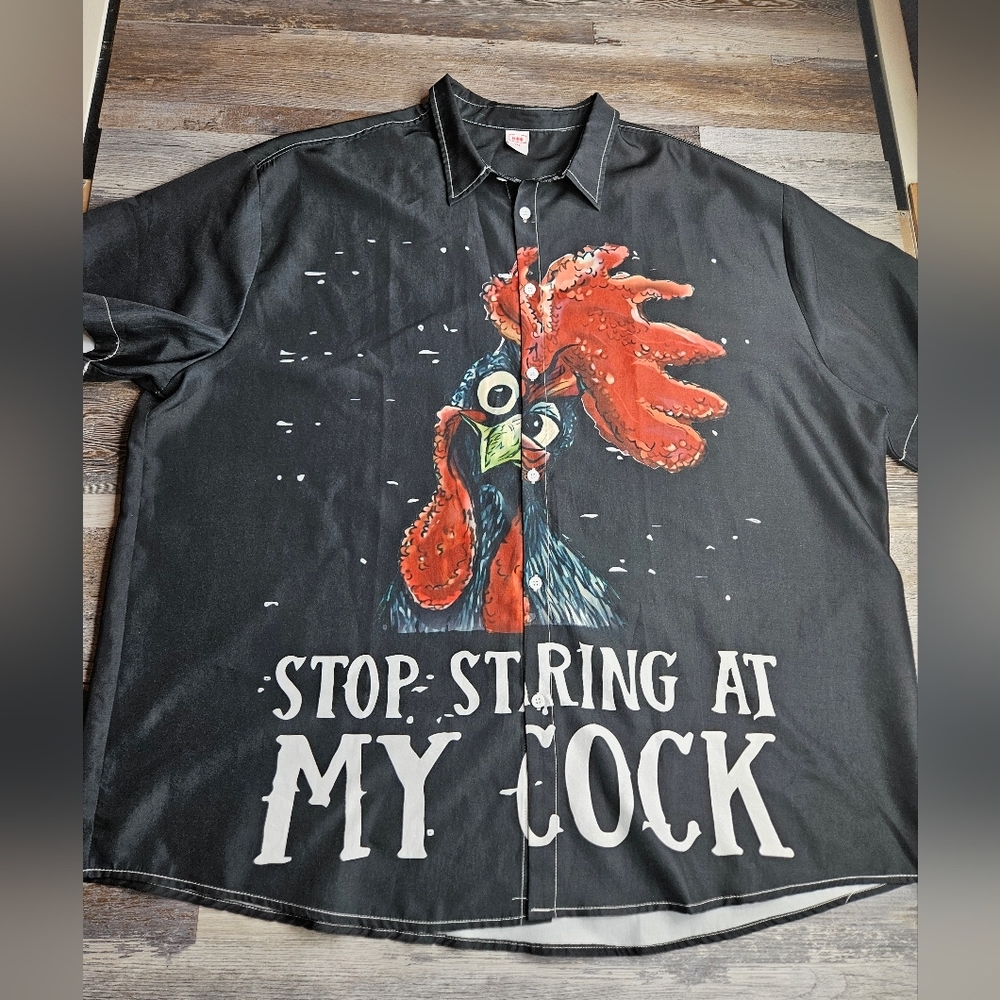 Hoo Brand Men's 5XL Button Front Shirt Stop Staring At My **** Rooster